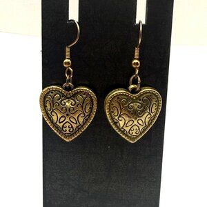 Vintage Heart Dangle Earrings Antique Brass Tone Scroll Filigree Boho Earrings